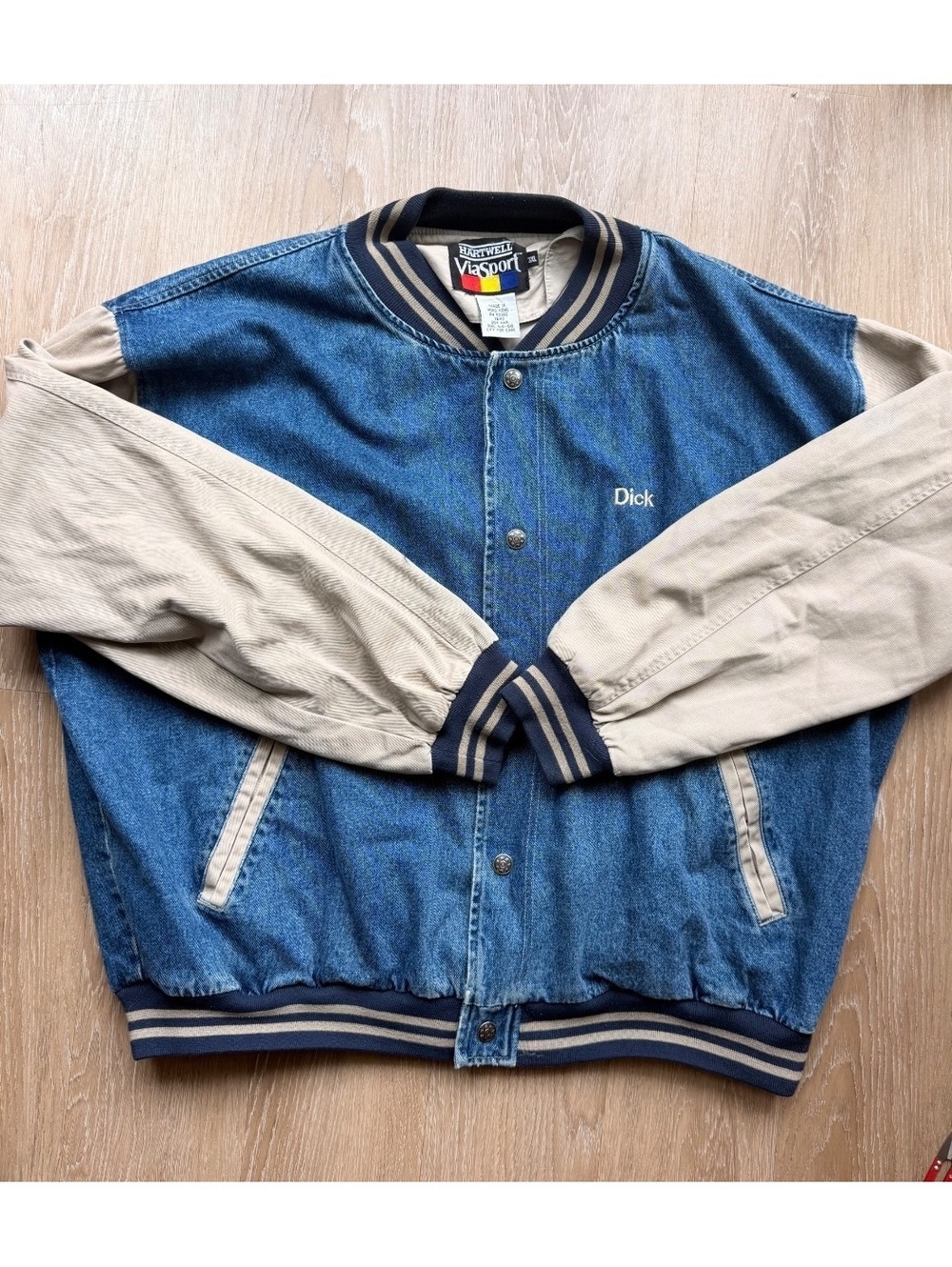 Vintage 80s/90s Hartwell Viasport Denim and Cotton Varsity Jacket 3XL - Picture 1 of 8